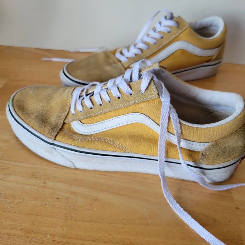 Vans Yellow Suede Sneakers with White Laces Old Skool Skate Low Mustard